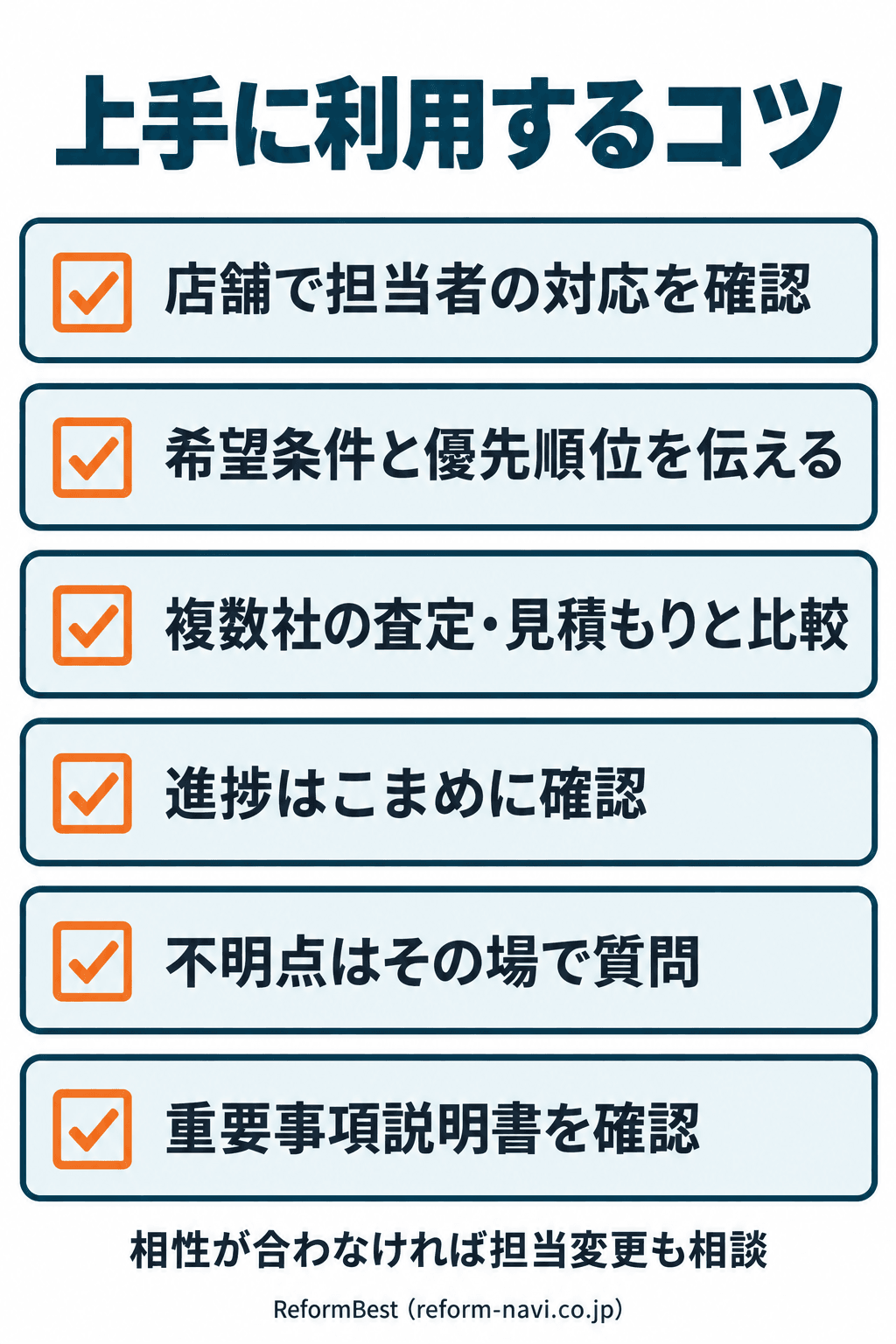 東急リバブルを上手に利用するコツのチェックリスト。店舗での担当者の確認、希望条件と優先順位の共有、複数社との比較、こまめな進捗確認、不明点の質問、重要事項説明書の確認を挙げています。